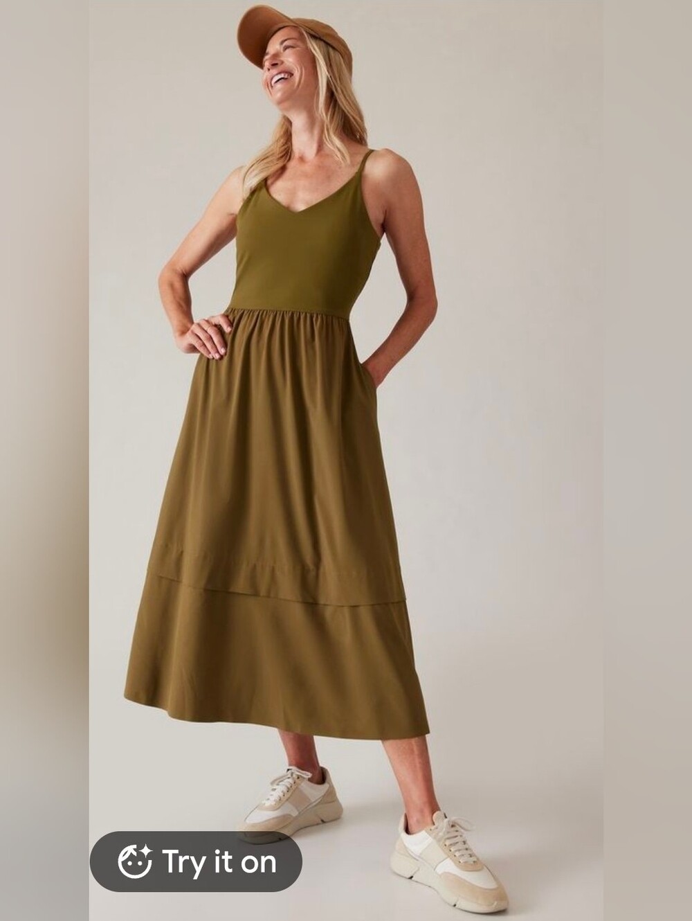Athleta Elation Hybird Olive Green V-Neck Strappy Midi Dress Size Small